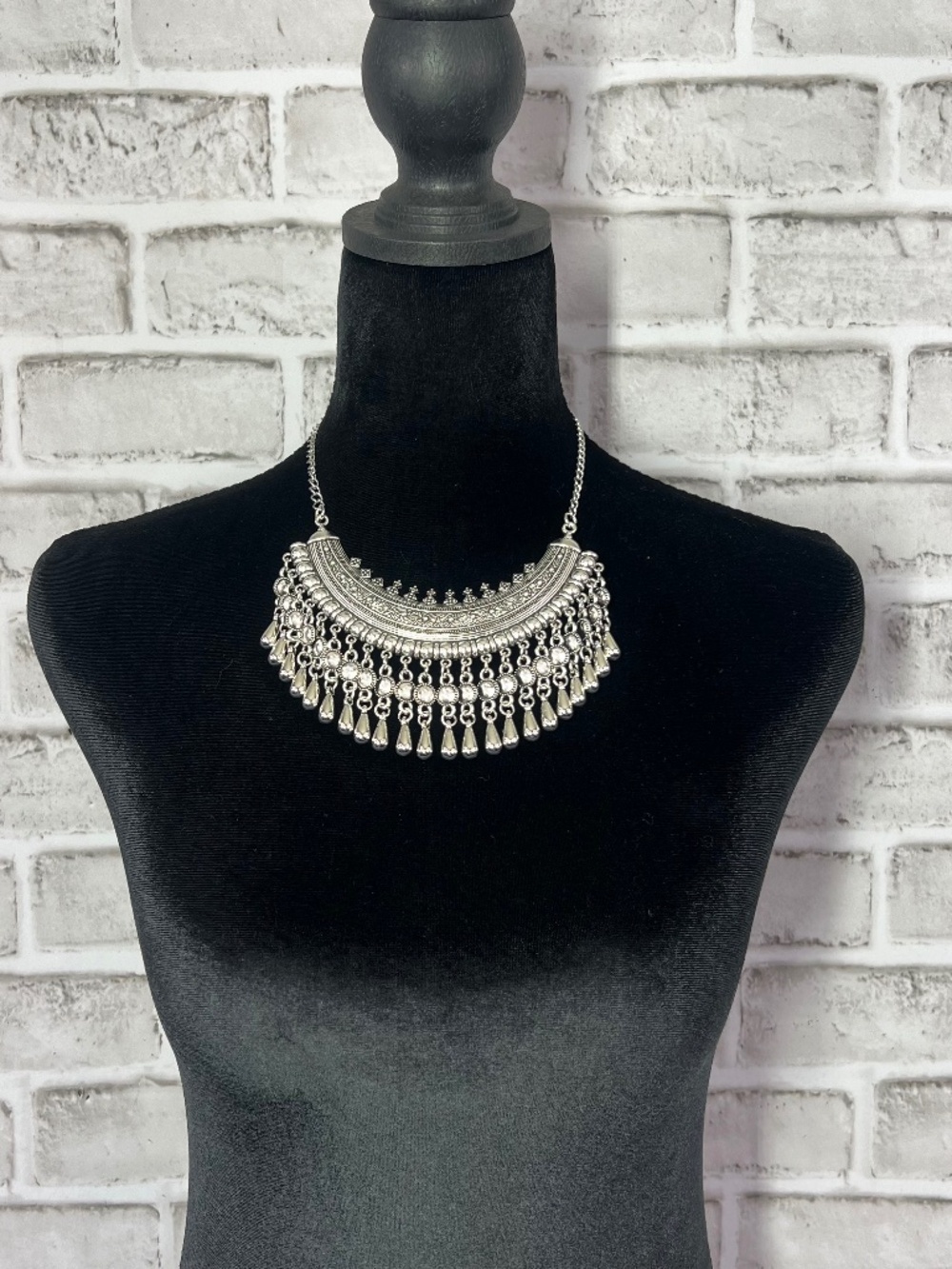 Silver Tone • Boho Tribal Crescent Bib Statement Necklace Dangle Fringe